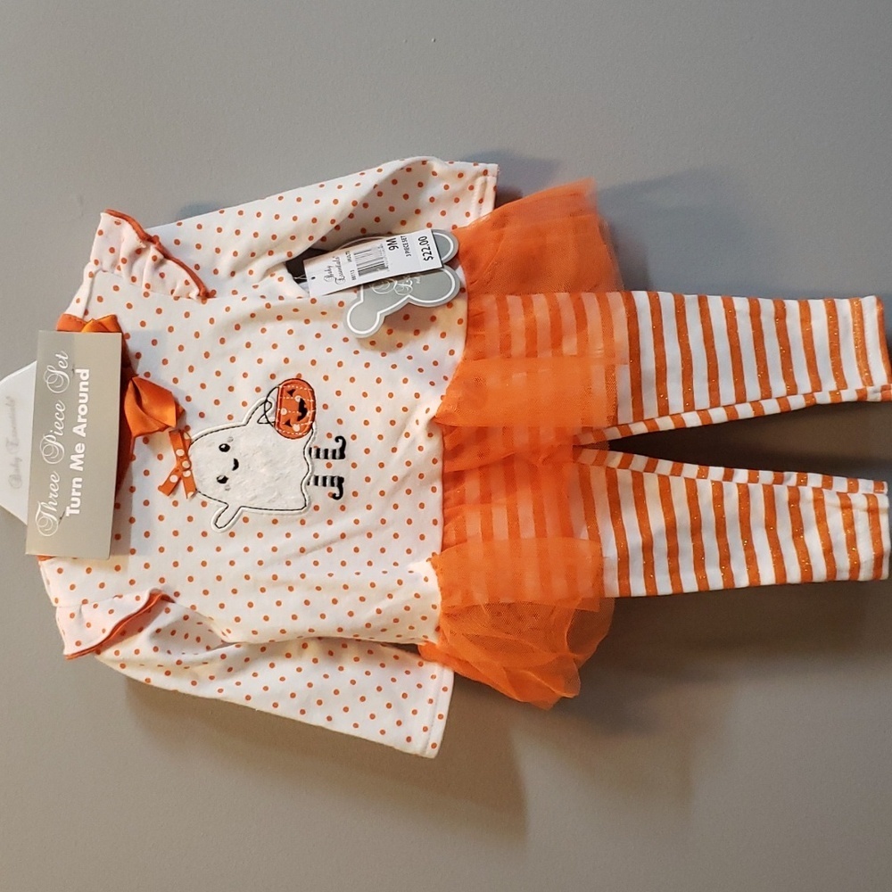 Baby Essentials 3-piece Polka Dots with Ghost Top, Striped Leggings and Headband